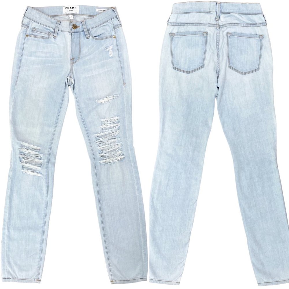 FRAME Le Skinny De Jeanne Low-Rise Distressed Skinny Jeans in Pico Light Wash